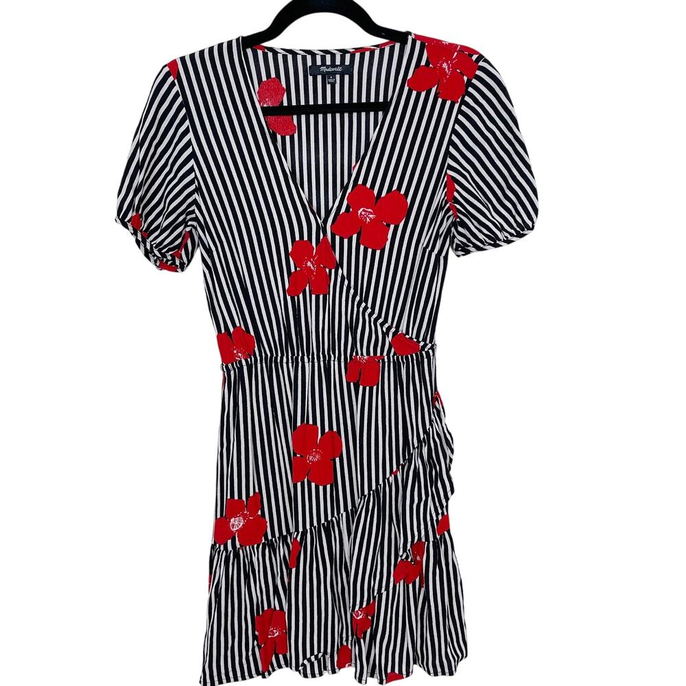 Madewell 0 Ruffle Wrap Dress in Candied Orchids Stripe Floral Black White Red